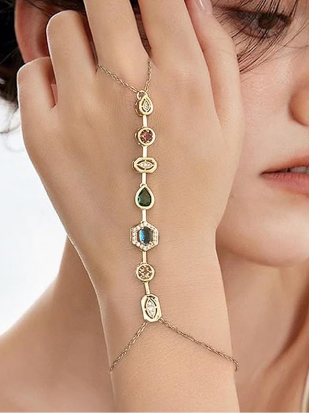 Anthropologie Gold Multi-Gem Station Bracelet with Blue, Green and Pink Stones